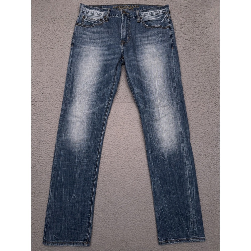 American Eagle Jeans Men's 33x32 Slim Straight Medium Wash‎ Faded Whiskered